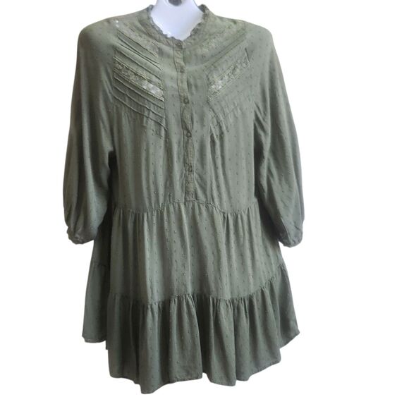 Semi-Sheer-Dotted Swiss Cottagcore Dress-Moss Grn-Tiered-Lace/Pin Tuck Details M - Picture 2 of 14